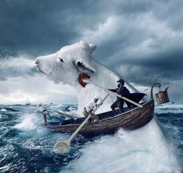 water, sea, nautical vessel, motion, transportation, nature, animal themes, animal, mode of transportation, day, cloud - sky, outdoors, cold temperature, one animal, sky, ice, mammal, no people, sinking, digital composite