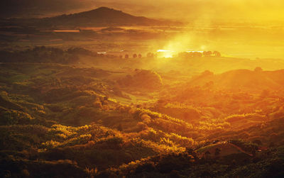 High angle view of landscape against sky during sunset