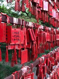 Red flags hanging outside temple