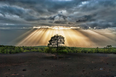 Scenic view of sunlight falling on land against sky