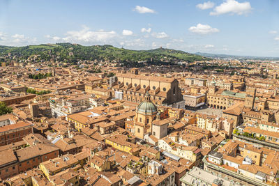 Aerial view of bologna with the beautiful maggiore square and the tower