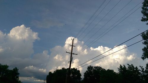 Low angle view of electricity pylon against cloudy sky