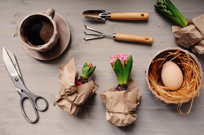 High angle view of objects on table