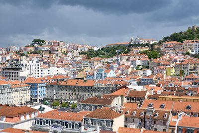 High angle view of residential district against sky