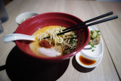 Close-up of soup in bowl on table