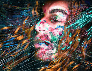 Digital composite image of illuminated lighting equipment against black background