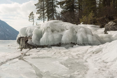 View of beautiful drawings on ice from cracks on the surface of lake teletskoye in winter, russia