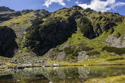 Scenic view of lake by mountain against sky