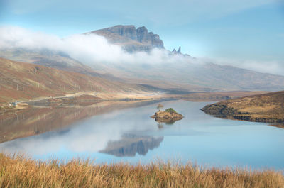 Scenic view of lake and mountains against sky