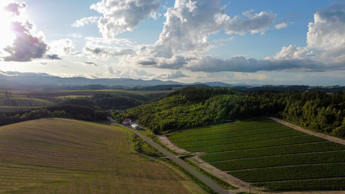 High angle view of agricultural field against sky