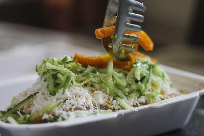 Close-up of food served on table