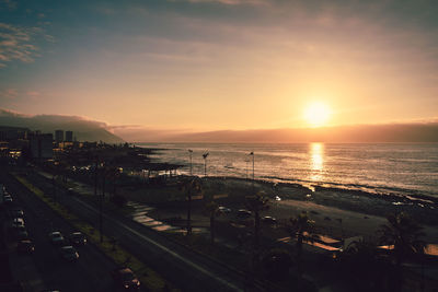 High angle view of sea against sky during sunset