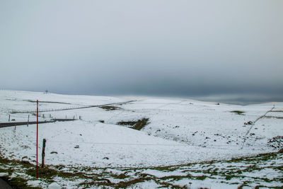 Scenic view of snow covered field against sky