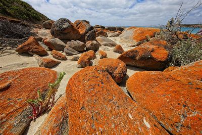 Scenic view of rocks in sea against sky