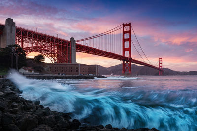 View of suspension bridge at sunset