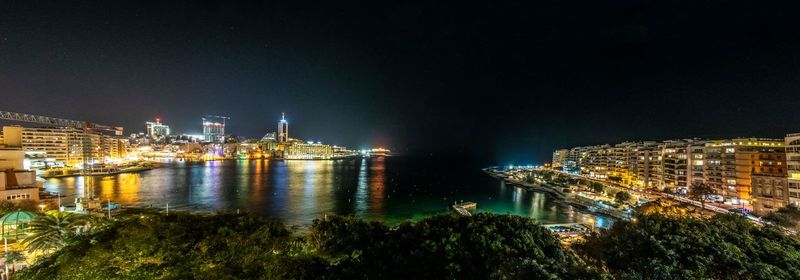 Illuminated city buildings at night