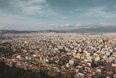 High angle shot of townscape against sky