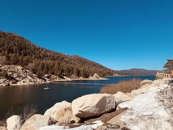 Scenic view of lake against clear blue sky