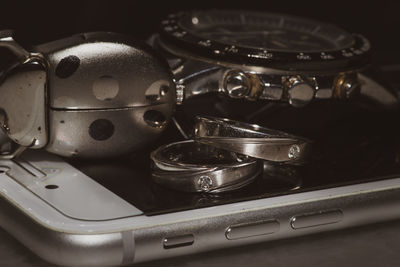 High angle view of objects on table