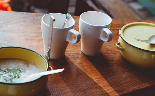 High angle view of tea cup on table