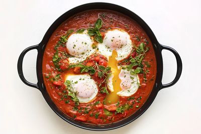 Close-up of food in bowl on white background