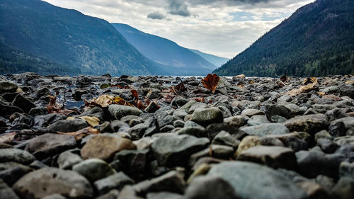 Surface level of rocks against sky