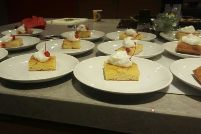 Close-up of cake served on table