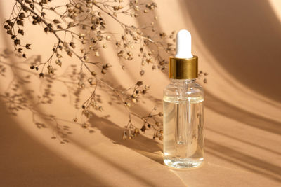 Natural oil cosmetics. beige background. dropper glass bottle mock-up. oily cosmetic. face and body.