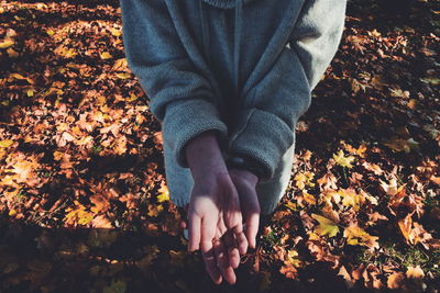 Low section of man with autumn leaves