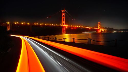 Light trails on suspension bridge at night