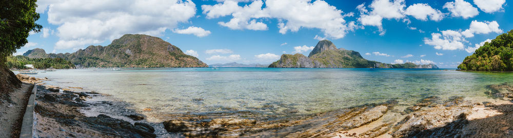 Panoramic view of sea and rocks against sky