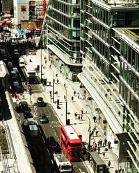 High angle view of cars and bus on road in city