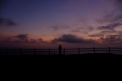 Silhouette people standing by sea against sky during sunset