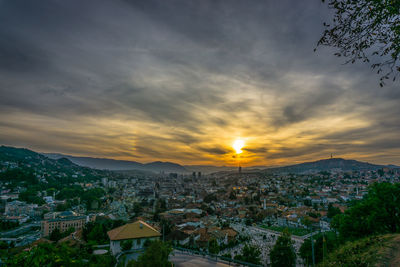 High angle view of townscape against sky during sunset
