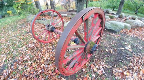 Close-up of rusty machine part on field