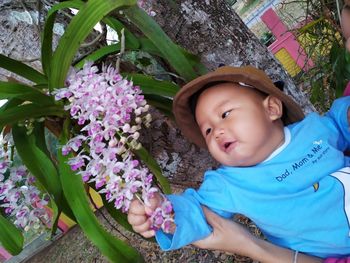 Low angle view of cute boy looking at flowering plants