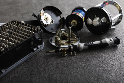 High angle view of equipment on table