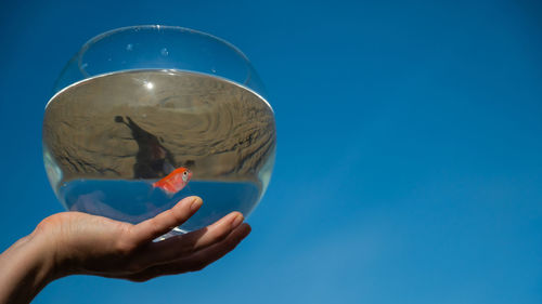 Cropped hand holding crystal ball against clear blue sky