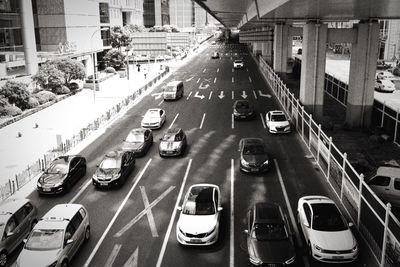 High angle view of traffic on road in city