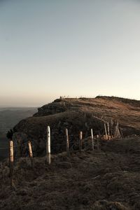 Wooden posts on field against clear sky