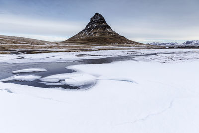 Scenic view of snow covered mountain against sky