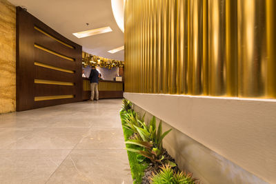 Rear view of man walking in corridor of building