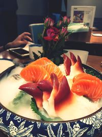 Close-up of sushi served on table