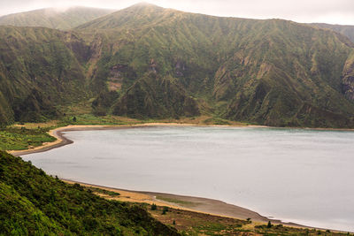 Scenic view of lake and mountains against sky