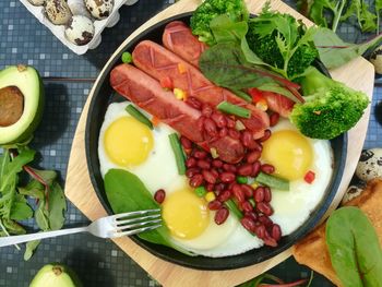 High angle view of breakfast served on table