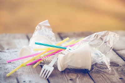 High angle view of paper wrapped on table