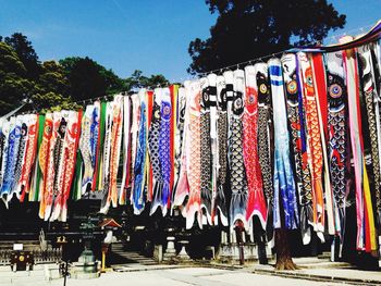 Colorful objects hanging in row