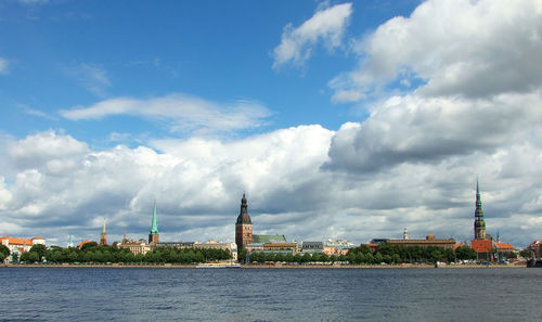 Panoramic view of city against cloudy sky