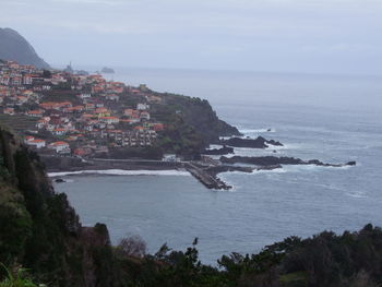 Town by sea against sky