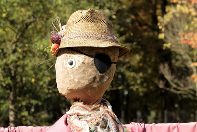 Close-up of scarecrow against trees